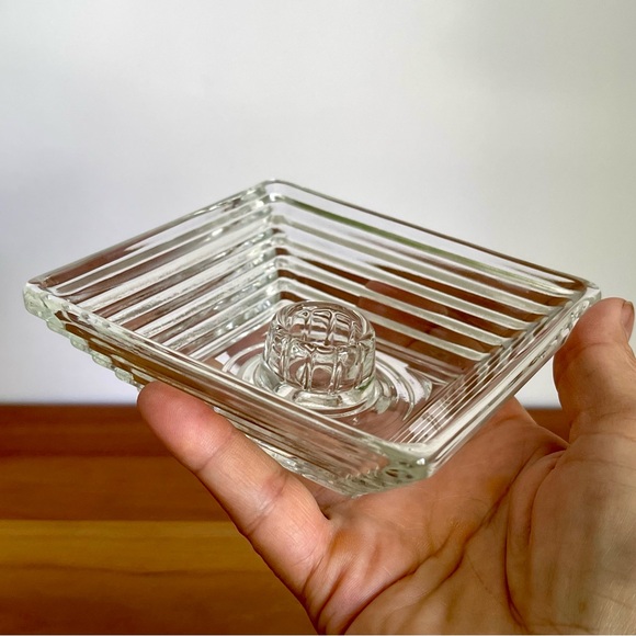 MCM Manhattan Depression Glass Candle Holder Mid Century Clear Art Glass - Picture 5 of 11